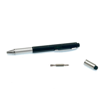 Flying Eyes 5-in-1 multifunction pen with detachable stylus cap and double-ended screwdriver bit, showing ruler, level and metal grip