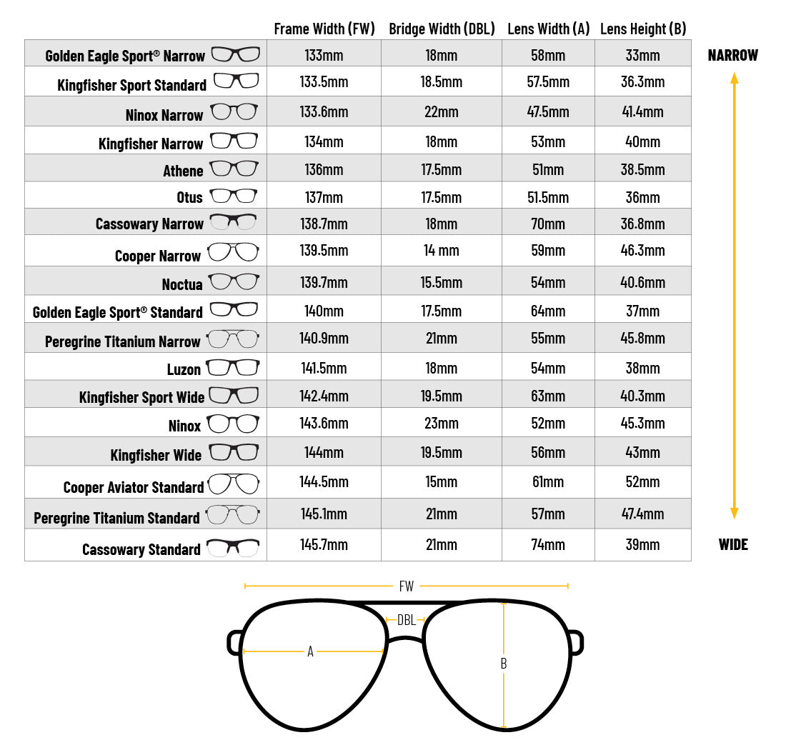Flying Eyes aviation sunglasses frame size comparison chart showing Kingfisher and Kingfisher Sport dimensions