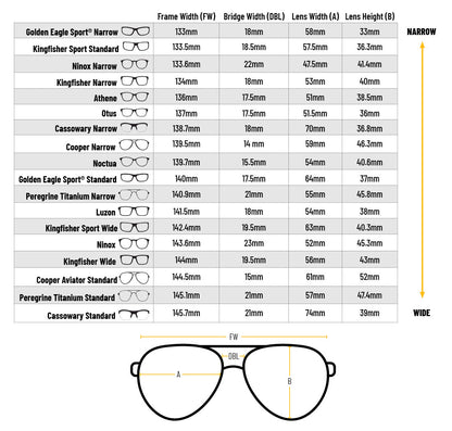 Flying Eyes aviation sunglasses frame size comparison chart showing Kingfisher and Kingfisher Sport dimensions