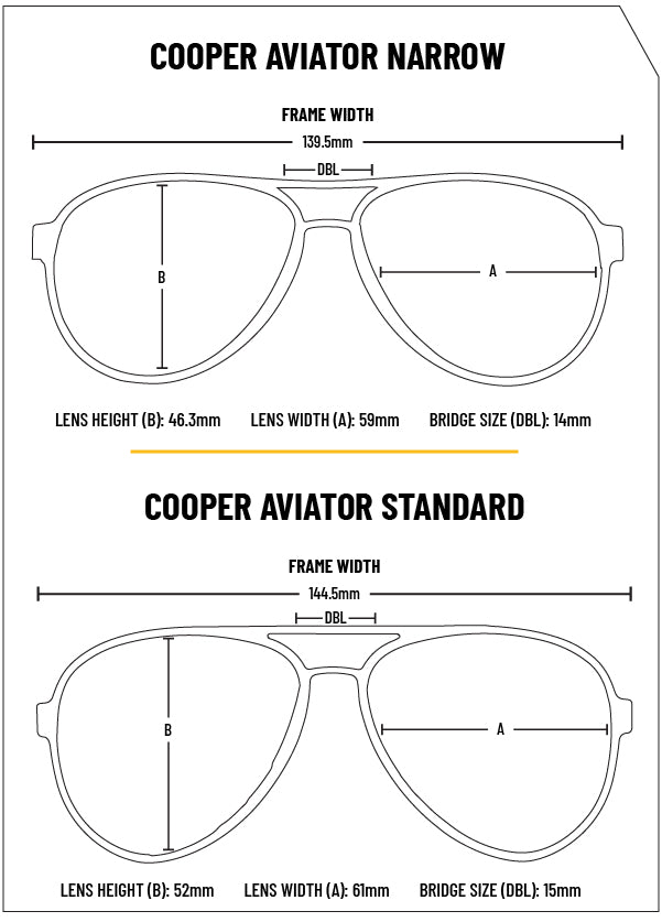 Cooper Aviator Narrow and Standard frame sizing chart