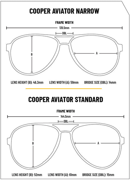 Cooper Aviator Narrow and Standard frame sizing chart