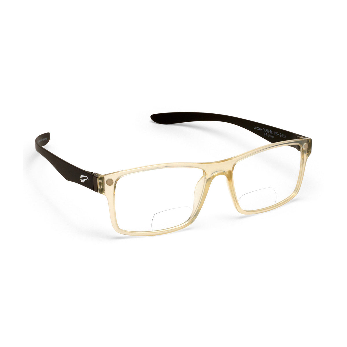 Flying Eyes Luzon Readers in Black Tie frame with clear reading lenses, headset-friendly eyeglasses