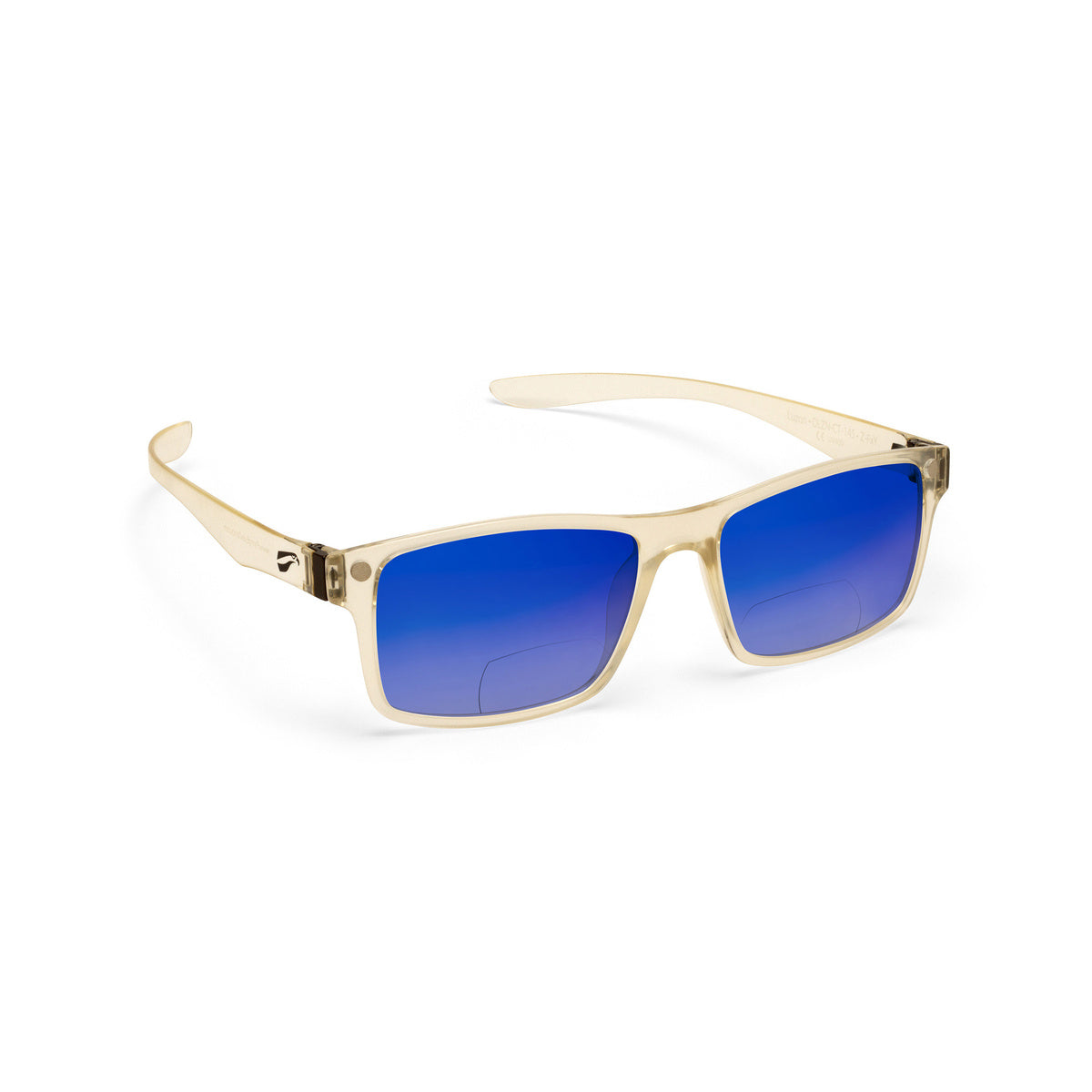 Flying Eyes Luzon non-prescription bifocal glasses, clear frame with gradient-mirrored-sapphire lenses