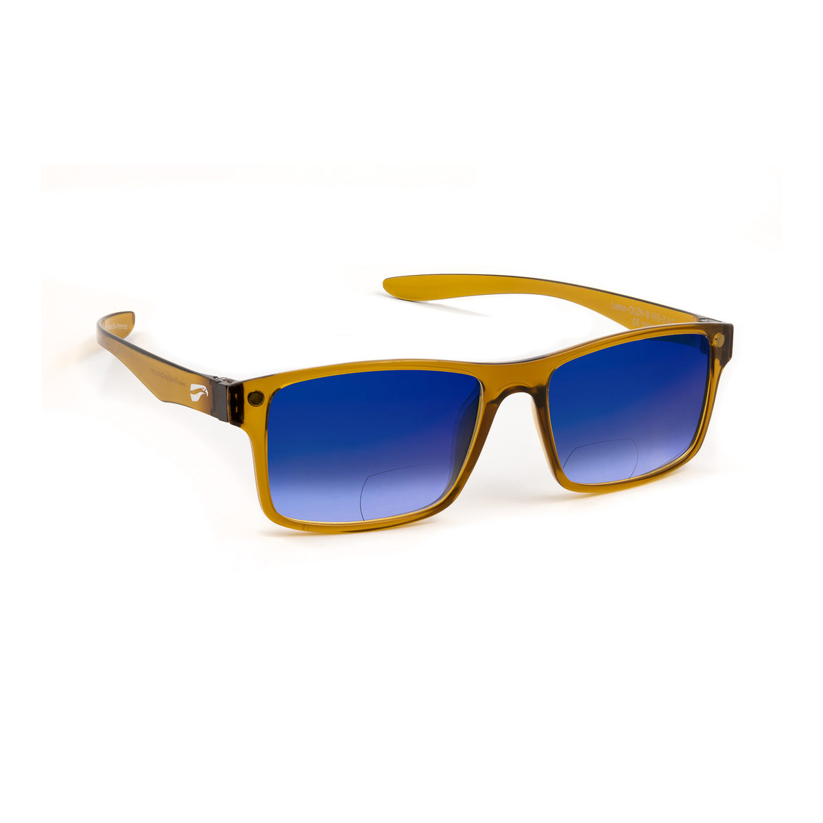 Flying Eyes Luzon non-prescription bifocal glasses, honey-brown frame with gradient-mirrored-sapphire lenses