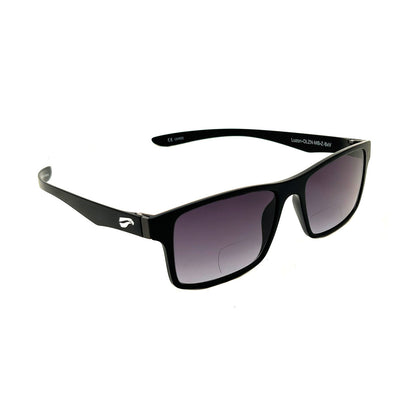 Flying Eyes Luzon non-prescription bifocal glasses, matte-black frame with gradient-gray lenses