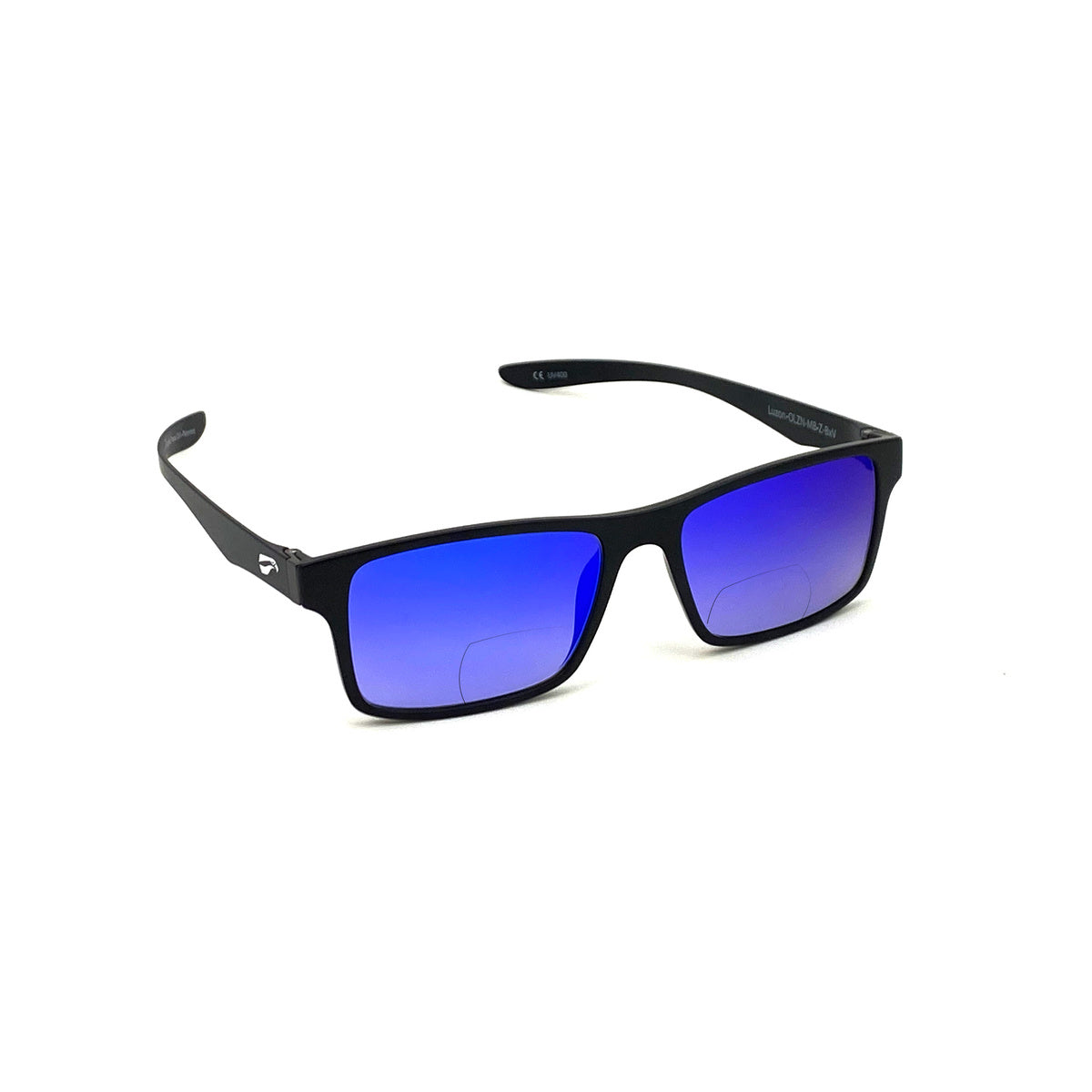 Flying Eyes Luzon non-prescription bifocal glasses, matte-black frame with gradient-mirrored-sapphire lenses