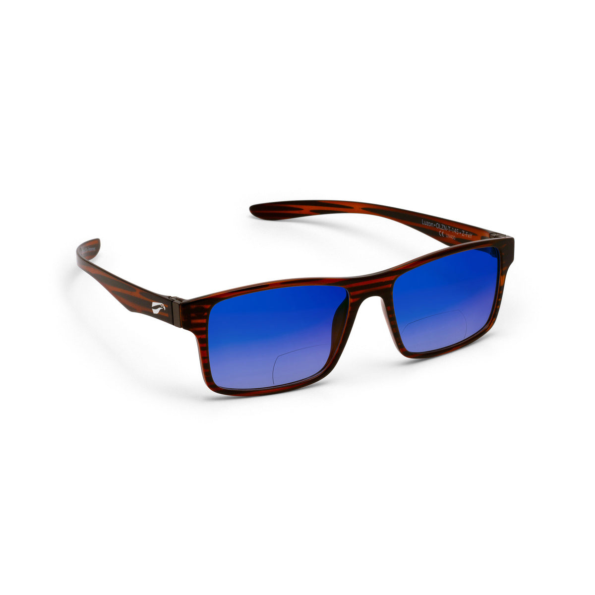 Flying Eyes Luzon non-prescription bifocal glasses, tortoise frame with gradient-mirrored-sapphire lenses