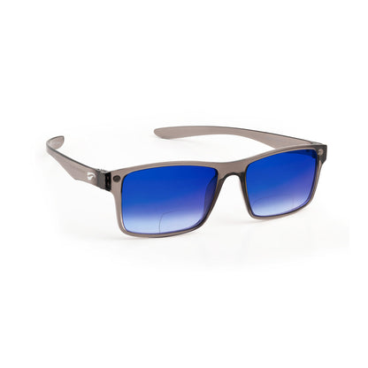 Flying Eyes Luzon non-prescription bifocal glasses, translucent-gray frame with gradient-mirrored-sapphire lenses