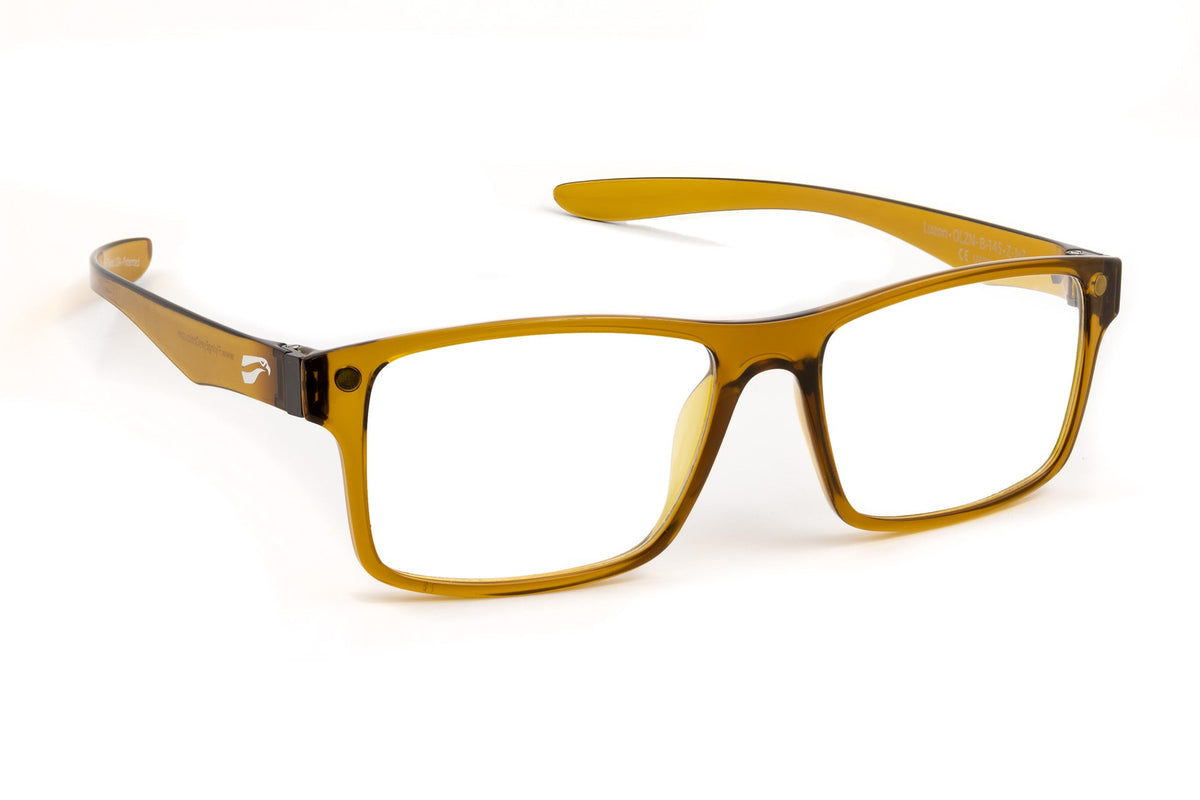 Flying Eyes Luzon honey brown clear lens eyeglasses, three-quarter view