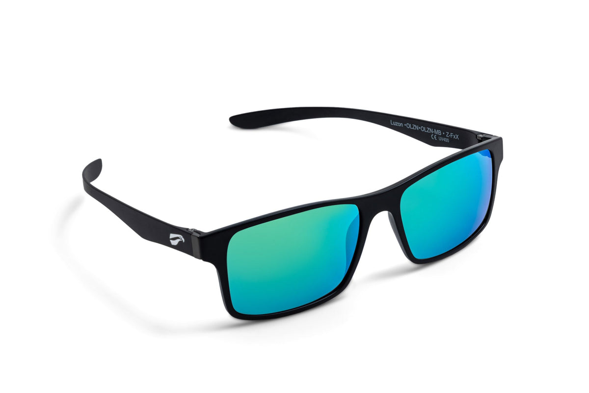 Flying Eyes Luzon Matte Black aviation eyewear with mirrored emerald lenses, manufacturer product view