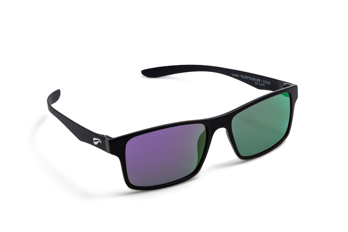 Flying Eyes Luzon Matte Black aviation eyewear with mirrored amethyst lenses, manufacturer product view