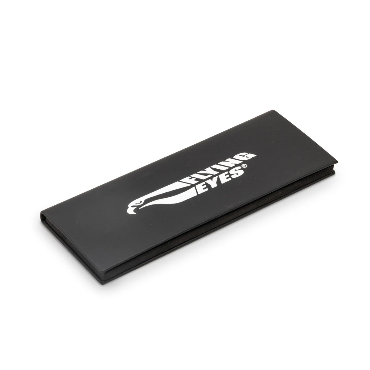 Flying Eyes magnetic clip-on lens storage case closed, black exterior with Flying Eyes logo