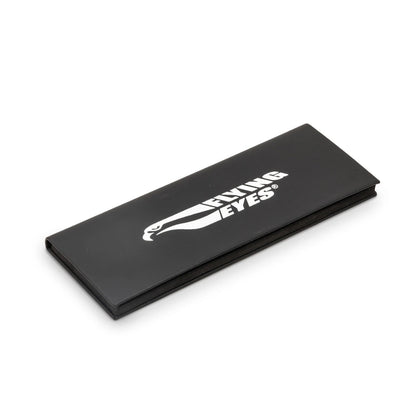 Flying Eyes magnetic clip-on lens storage case closed, black exterior with Flying Eyes logo