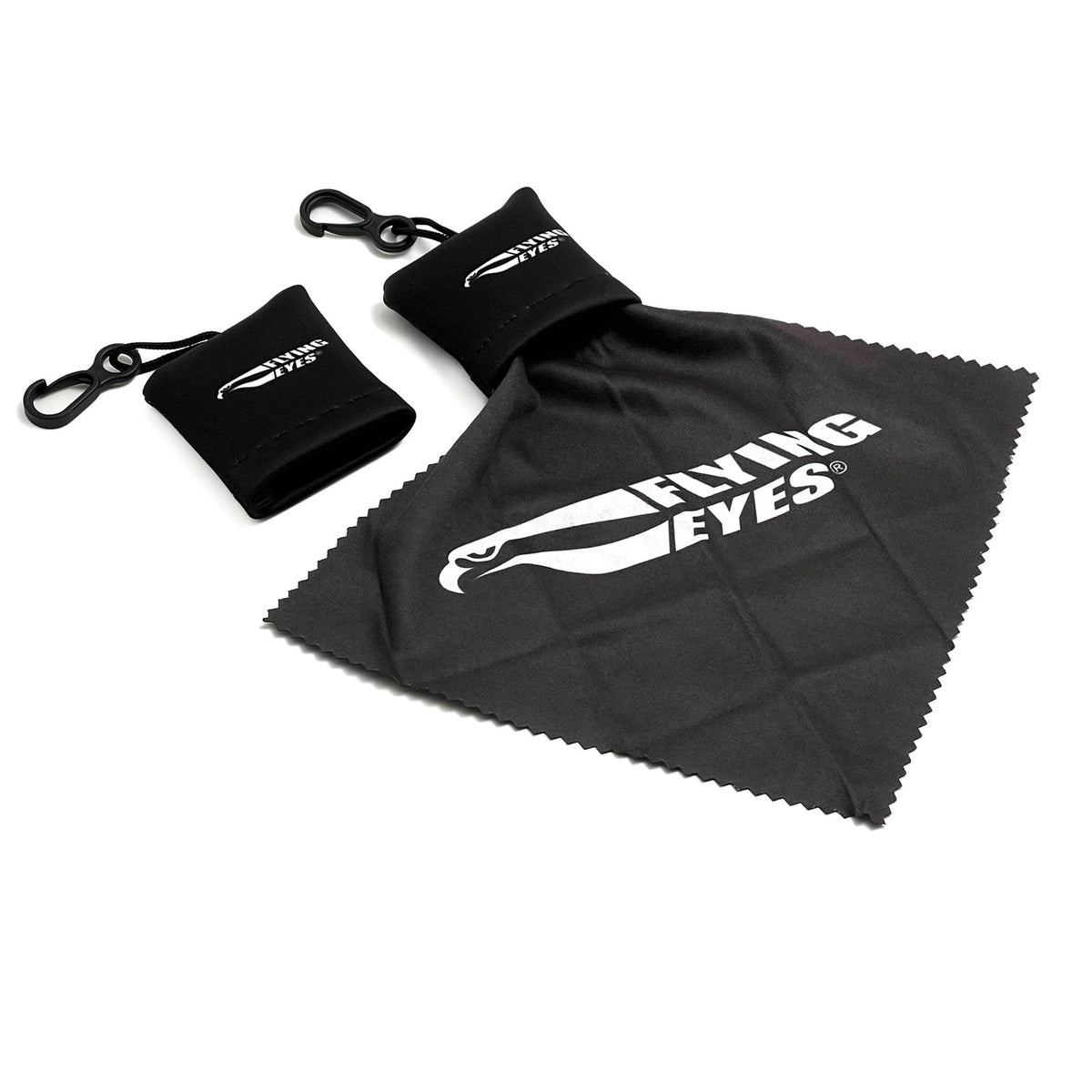 Flying Eyes portable microfiber lens cleaning cloth with clip-on storage pouch for flight bags and keychains