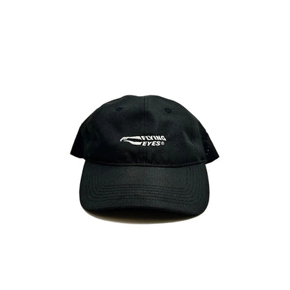Flying Eyes V1 black pilot hat front view showing white embroidered Flying Eyes logo