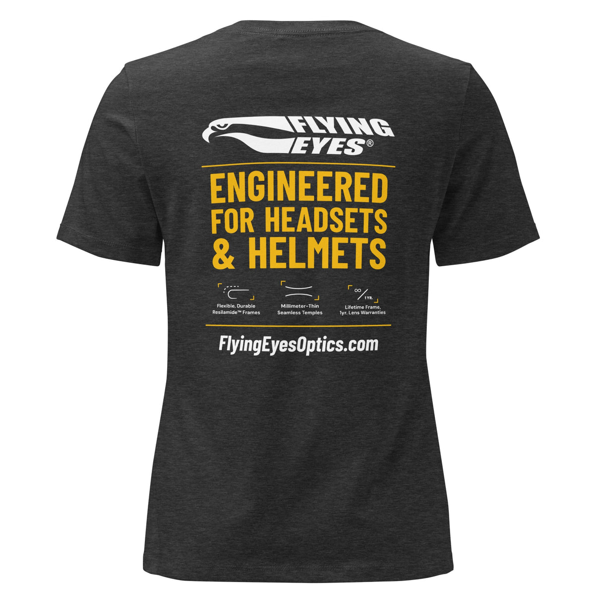 Back view of Flying Eyes women's Engineered for Headsets and Helmets T-shirt in dark gray heather