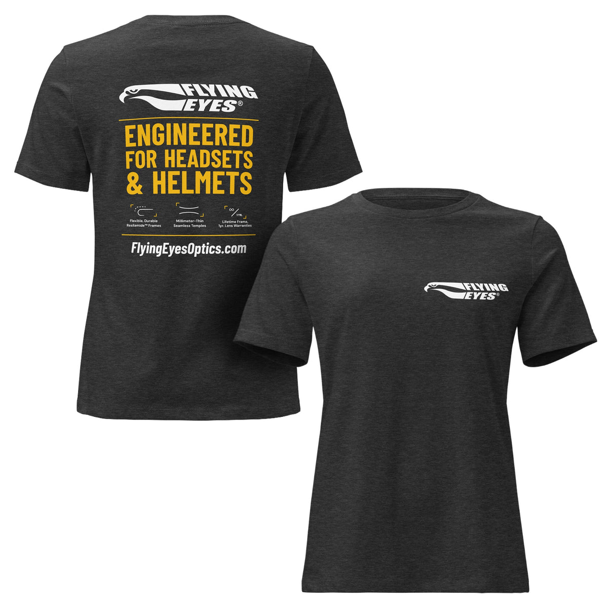 Flying Eyes women's relaxed-fit Engineered for Headsets and Helmets T-shirt, front and back views