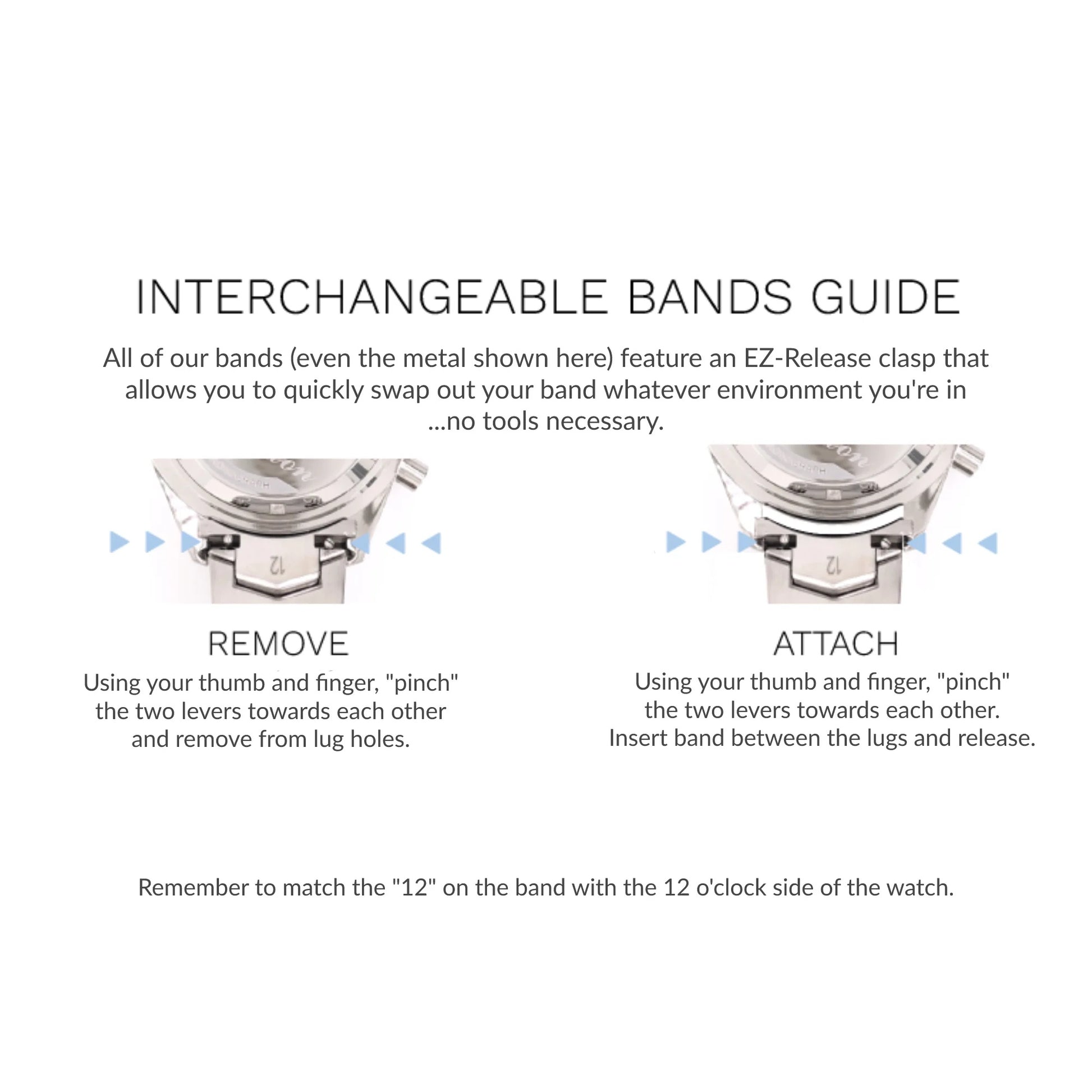 EZ-Release watch band installation guide showing how to remove and attach interchangeable bands without tools