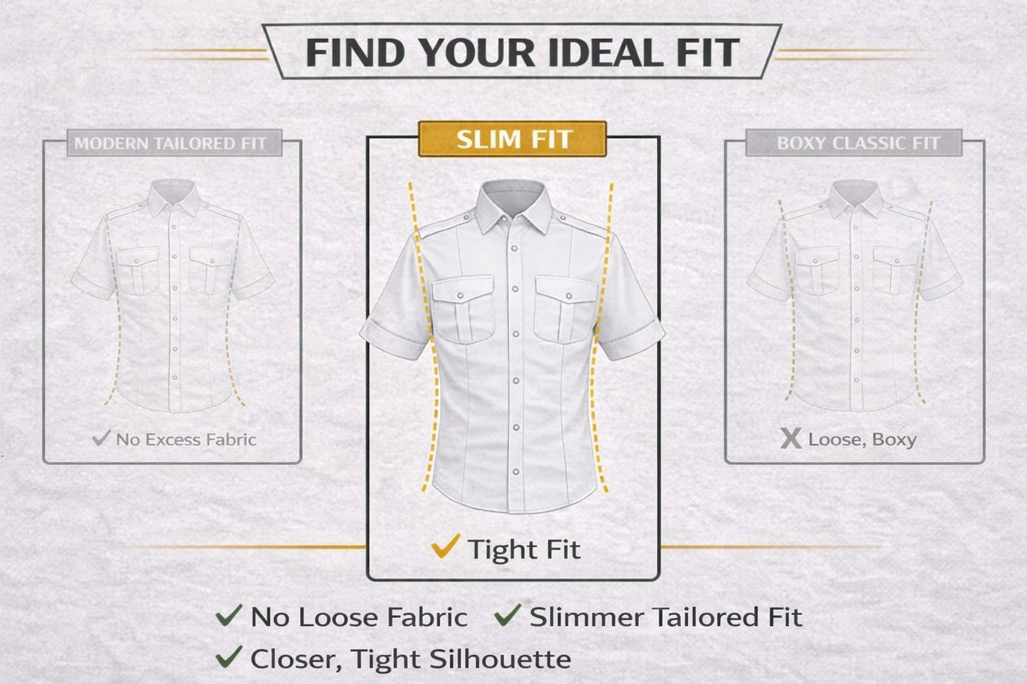 JetSeam slim fit pilot shirt comparison showing modern tailored fit vs classic boxy fit for aviation uniforms