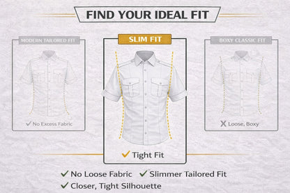 JetSeam slim fit pilot shirt comparison showing modern tailored fit vs classic boxy fit for aviation uniforms