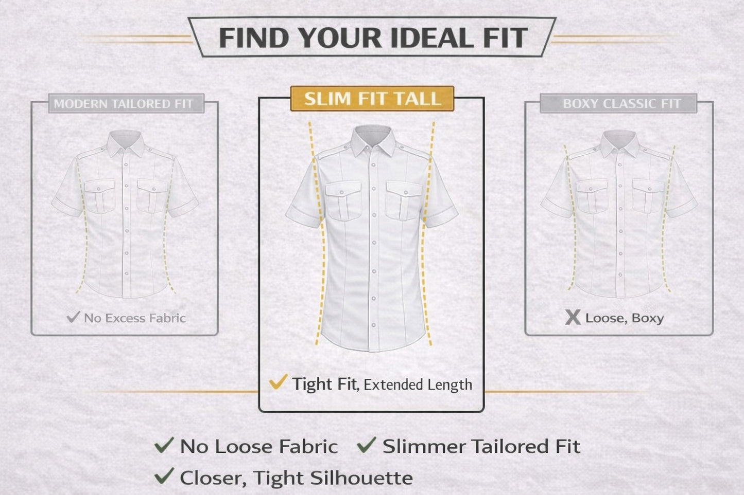 JetSeam men’s slim fit tall pilot shirt fit guide showing extended length tailored aviation uniform silhouette