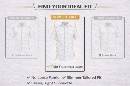 JetSeam men’s slim fit tall pilot shirt fit guide showing extended length tailored aviation uniform silhouette