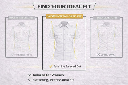 JetSeam women’s pilot shirt tailored fit guide showing feminine aviation uniform silhouette and professional fit comparison