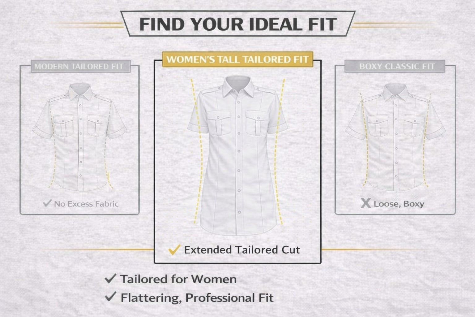 JetSeam women’s tall pilot shirt fit guide showing extended tailored aviation uniform fit with longer torso and professional silhouette