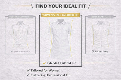 JetSeam women’s tall pilot shirt fit guide showing extended tailored aviation uniform fit with longer torso and professional silhouette