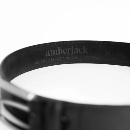Amberjack Leather Belt Obsidian black full-grain leather pilot dress belt,  Inside label