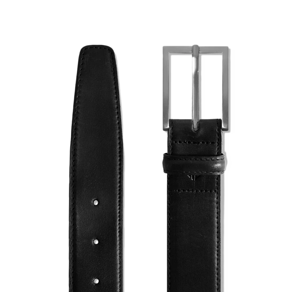 Amberjack Leather Belt Obsidian black full-grain leather pilot dress belt, flat lay view
