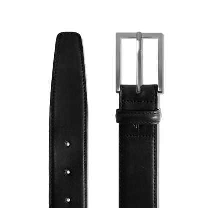 Amberjack Leather Belt Obsidian black full-grain leather pilot dress belt, flat lay view