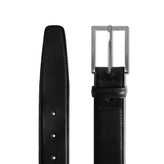 Amberjack Leather Belt Obsidian black full-grain leather pilot dress belt, flat lay view