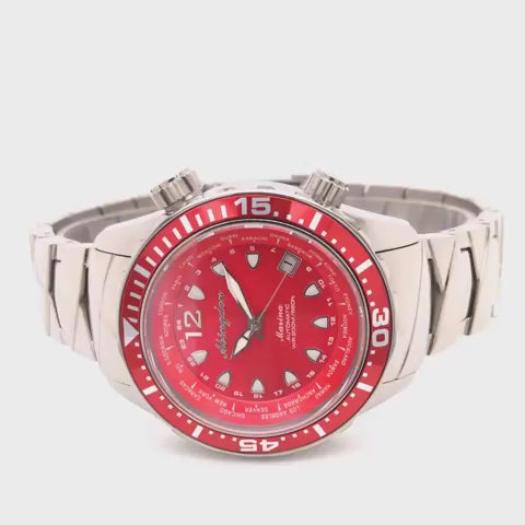 Marina Women's Automatic Dive Watch Video – Features Reef Red Mother-of-Pearl Dial, Titanium Case, World Timer, and 660ft Water Resistance