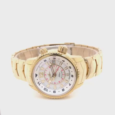 Elise Egyptian Gold Women’s Watch – Product Video Showcasing Mother-of-Pearl Dial, Gold Stainless Steel Bracelet, and Triple Time Zone Functionality
