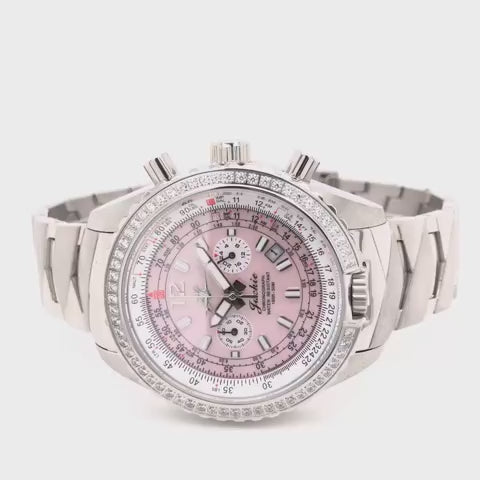 360-degree rotating view of Jackie Women's Pilot Watch with Sunset Pink Mother-of-Pearl Dial, Swarovski Bezel, and Stainless Steel Band