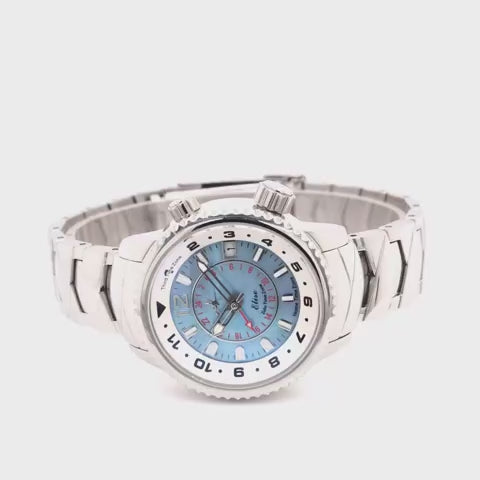 Elise Women’s North Star Watch in Sky Blue – Product Video Featuring Mother-of-Pearl Dial, 3 Time Zone Functionality, and Stainless Steel Bracelet