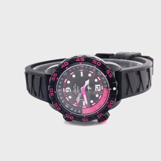 360-Degree Rotating Video of Nadia Abyss Automatic Dive Watch with Black Case, Pink Compass Bezel, and Black Silicone Strap