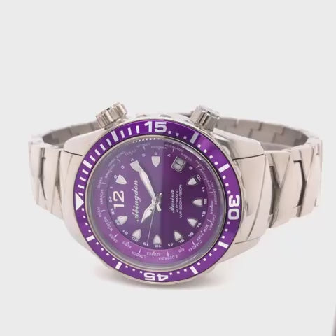 Marina Women's Dive Watch in Pacific Purple – Product Video Highlighting Mother-of-Pearl Dial, Titanium Case, and World Timer Functionality