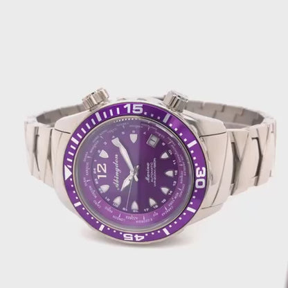 Marina Women's Dive Watch in Pacific Purple – Product Video Highlighting Mother-of-Pearl Dial, Titanium Case, and World Timer Functionality
