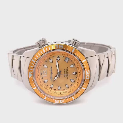 Marina Women's Dive Watch in Yellow Snapper – Product Video Showcasing Mother-of-Pearl Dial, Titanium Build, and World Timer Functionality