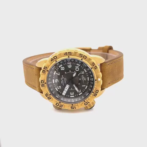 360-Degree Rotating View of Jane “Outlaw” Women's Tactical Watch with Black Dial, Gold-Tone Stainless Steel Case, and Tan Leather Strap