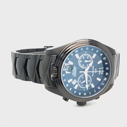 360-degree rotating view of Katherine Women’s Pilot Watch with black stainless steel band and black dial featuring ATIS ALPHABezel