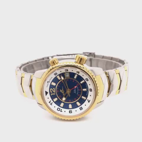 Video demonstration of the Elise Midnight Women's Watch – Dark Blue Mother-of-Pearl Dial with Two-Tone Stainless Steel Bracelet and Triple Time Zone Feature