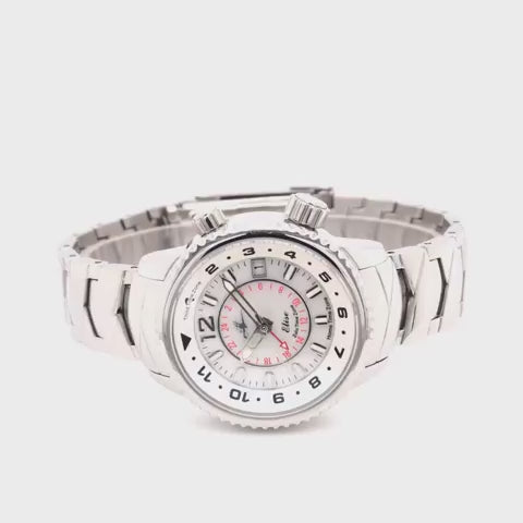 Elise Women’s GMT Travel Athenian Silver Watch – Product Video Demonstrating 3 Time Zone Functionality, Mother-of-Pearl Dial, and Stainless Steel Design