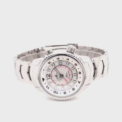 Elise Women’s GMT Travel Athenian Silver Watch – Product Video Demonstrating 3 Time Zone Functionality, Mother-of-Pearl Dial, and Stainless Steel Design