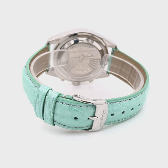 360-Degree View of Abingdon 20mm Round Grain Glazed Alligator Leather Watch Band in Green with Stainless Steel Buckle and Quick-Release Pins