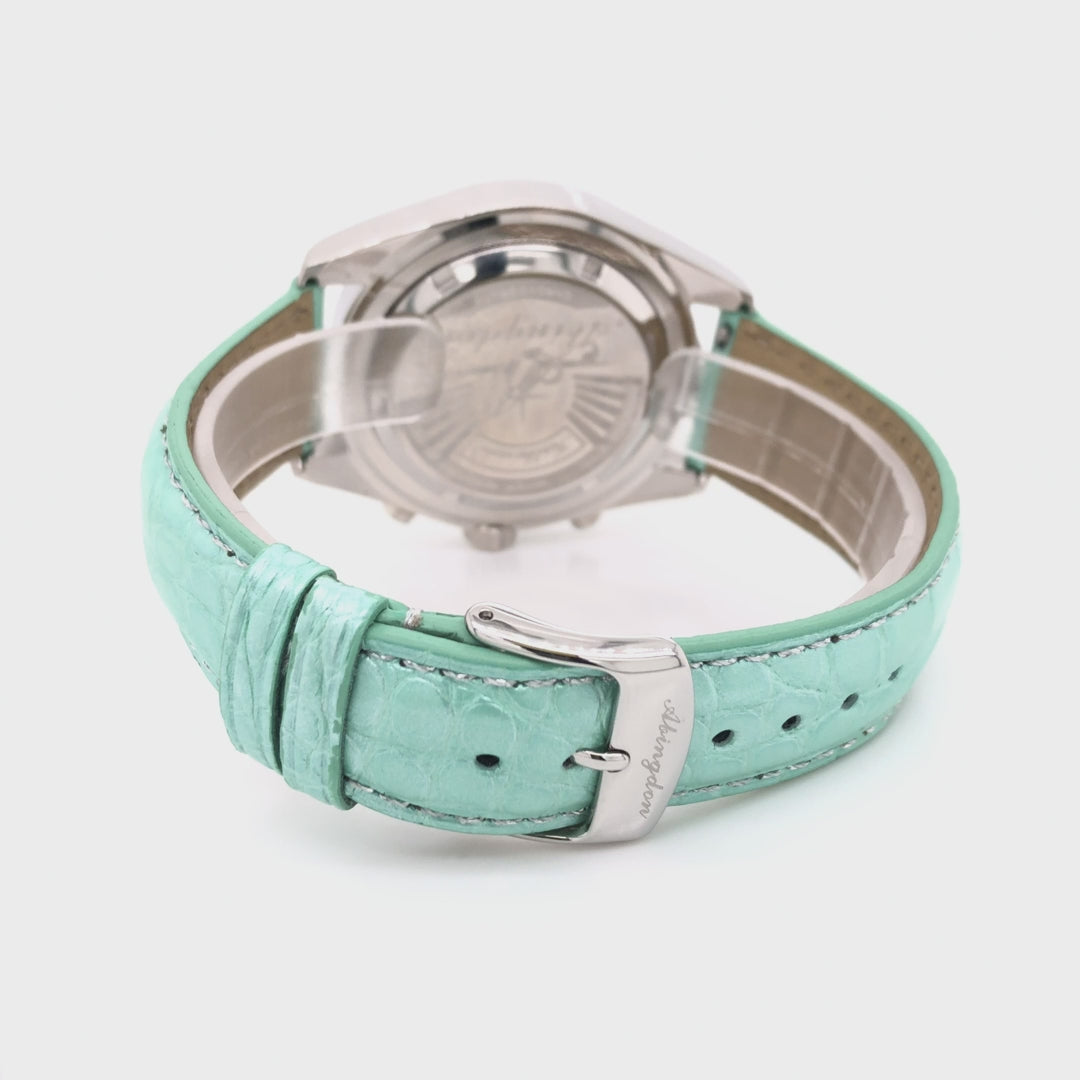 360-Degree View of Abingdon 20mm Round Grain Glazed Alligator Leather Watch Band in Green with Stainless Steel Buckle and Quick-Release Pins