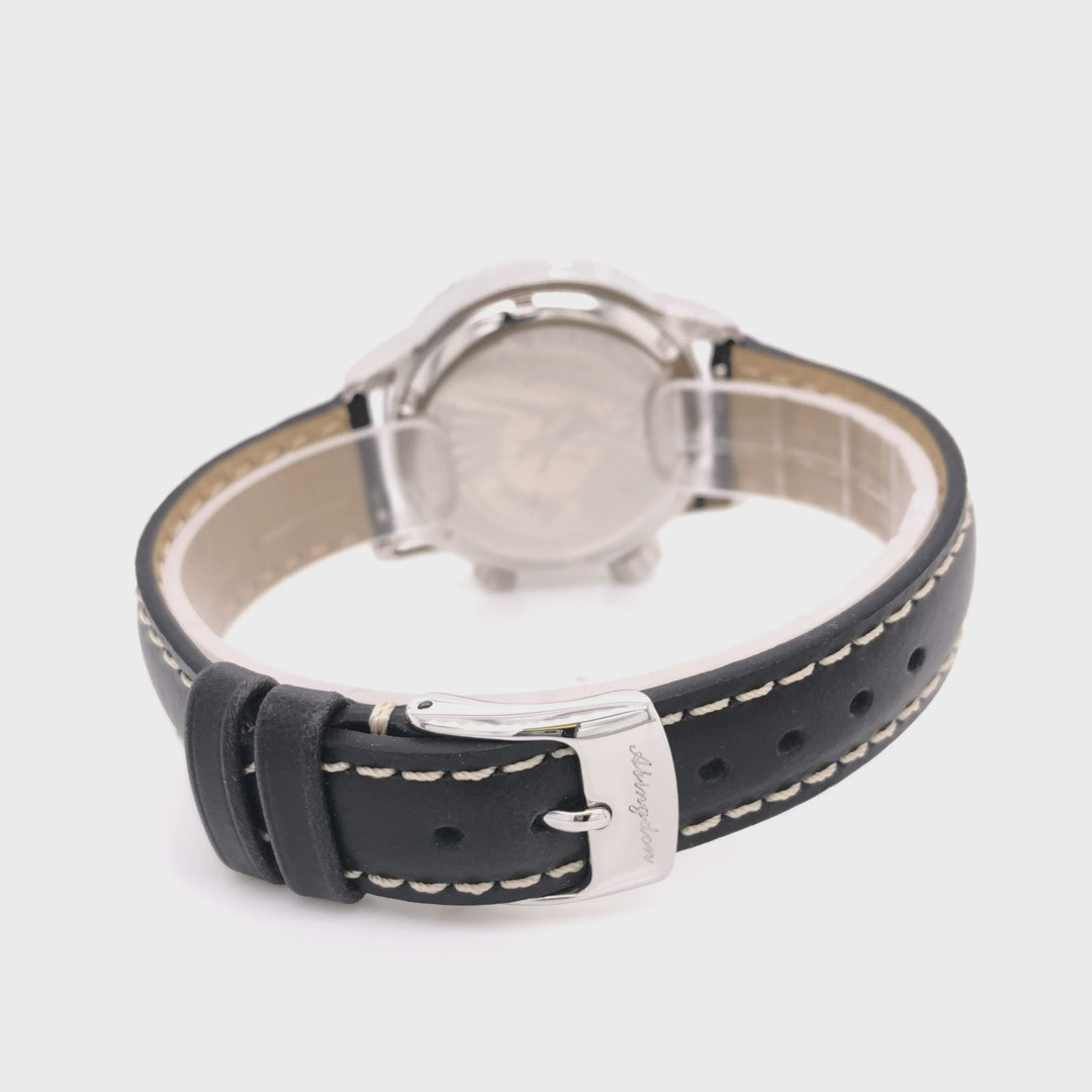 360-degree rotating view of Abingdon 16mm Oil-Tan Leather Watch Band with Contrast Stitch in Black – Quick-Release Strap for Women’s Pilot Watches
