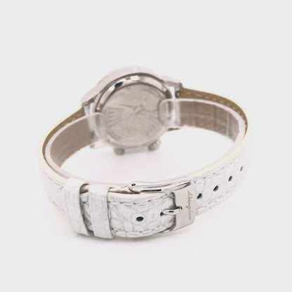 Abingdon 16mm Genuine White Alligator Watch Band in glossy enamel finish shown with silver buckle
